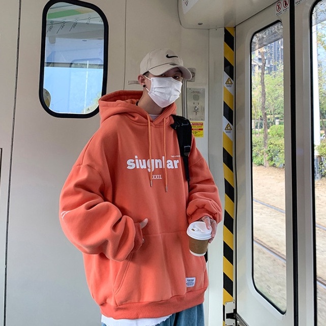 Áo hoodie tay dài có mũ trùm đầu dáng rộng phong cách Hàn Quốc cho nam