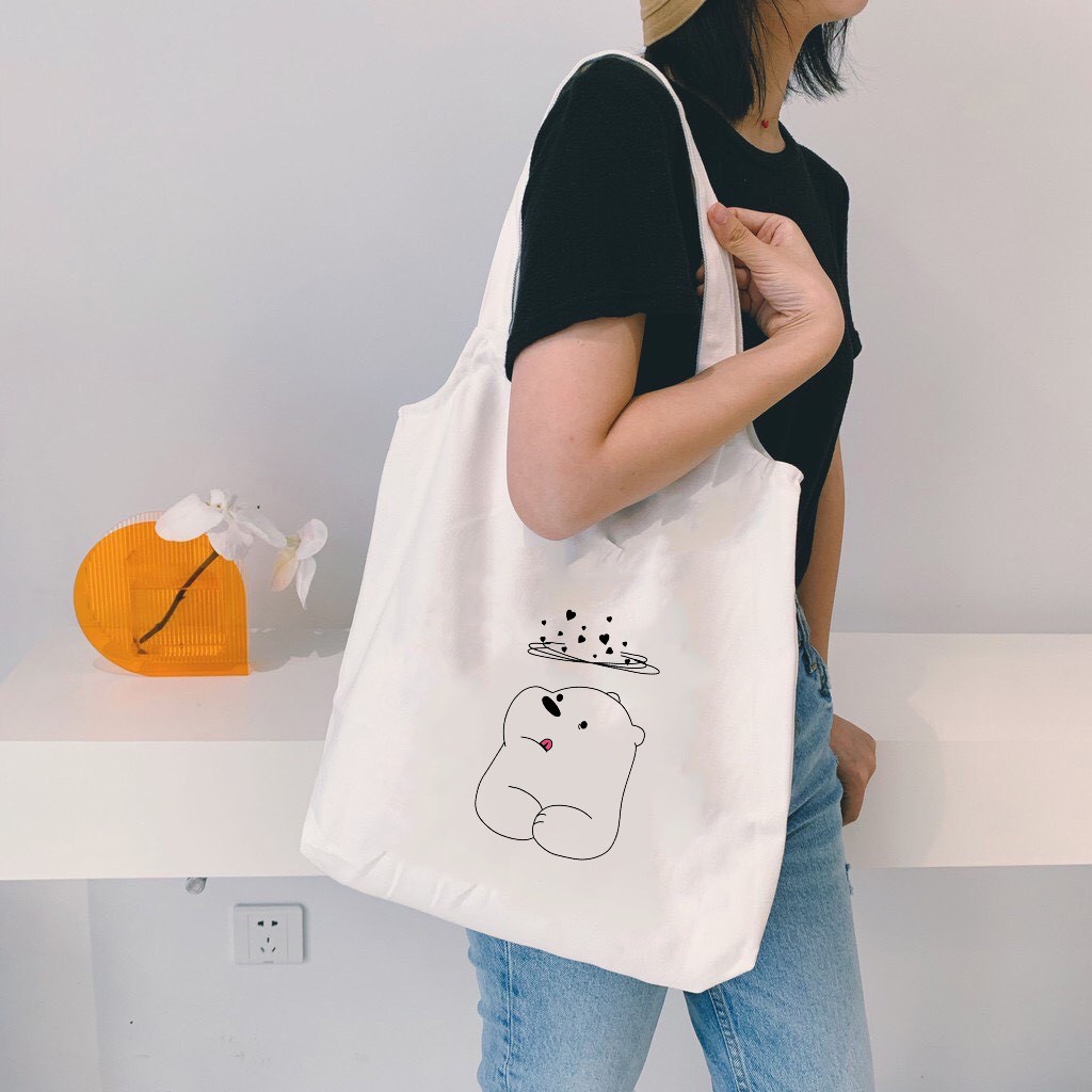 Túi Tote Trắng Chất Vải Canvas 1035 Chú Gấu Tim Xoay Vòng Dễ Thương Hàng Chuẩn Đẹp - Hazo