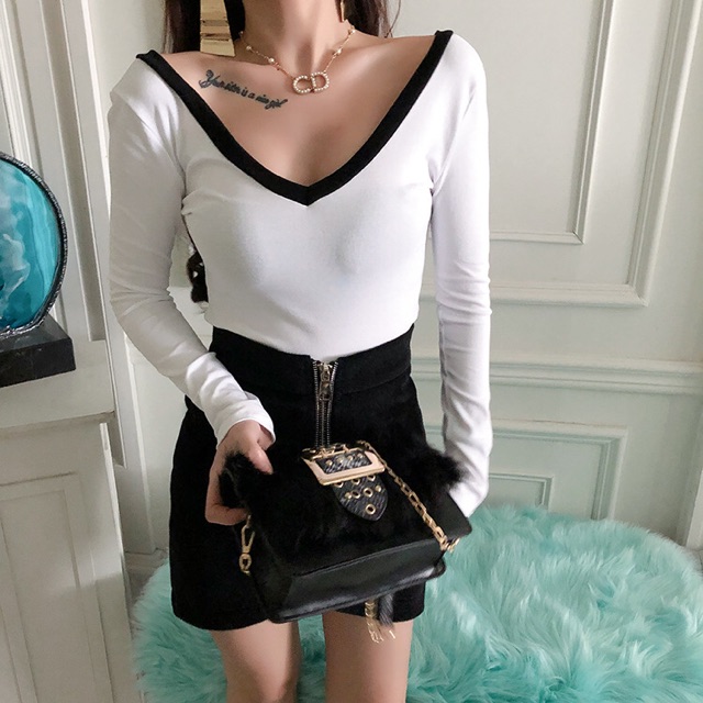 Áo Body Cổ V Phối Viền Tay Dài Xỏ Ngón Sexy (Mặc Được 2 Kiểu)