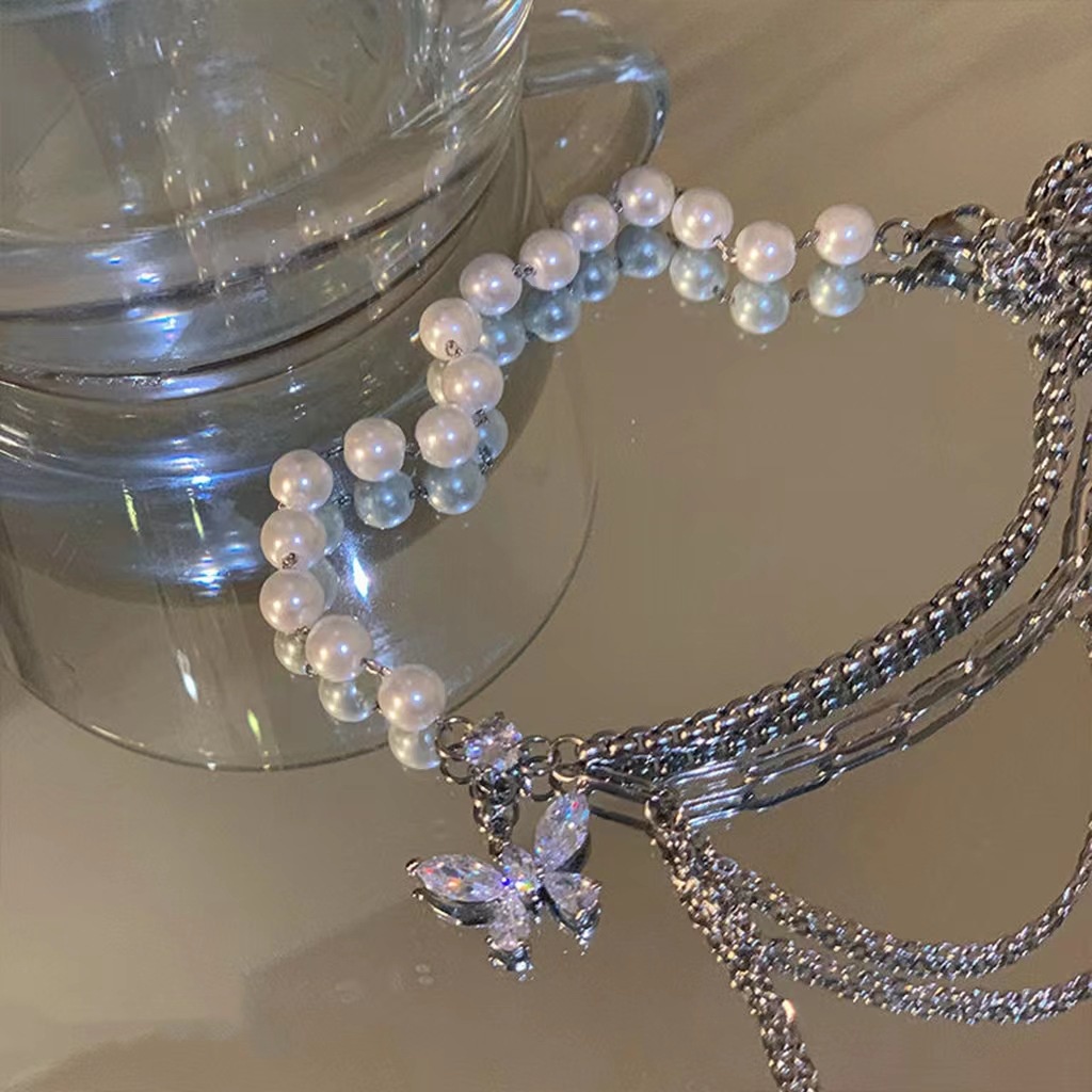 Vòng Cổ Choker Mặt Bướm Đính Đá Zircon Ngọc Trai Giả Ngọt Ngào Và Mát Mẻ