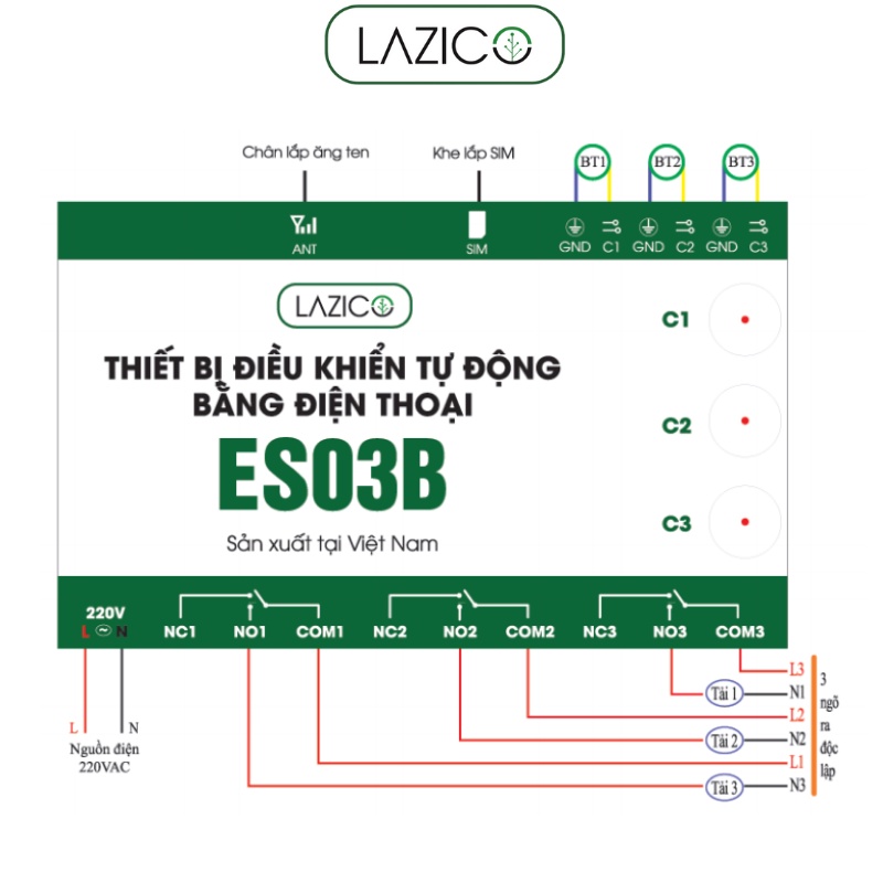 Bộ điều khiển từ xa cho máy bơm motor quạt 220V bằng điện thoại 3 kênh độc lập LAZICO ES03B