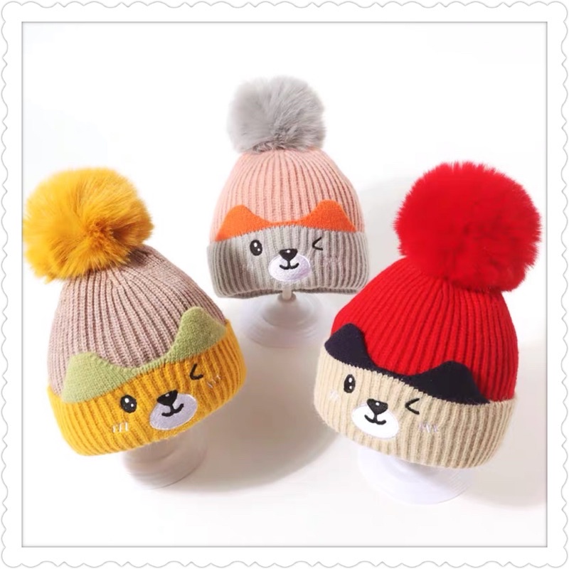 Mũ len trẻ em chóp quả bông tròn dệt kim , phù hợp 3 tháng - 3 tuổi