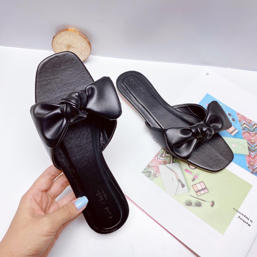 Dép nơ GÓT XINH GX4 màu xanh lá đế bệt da mềm