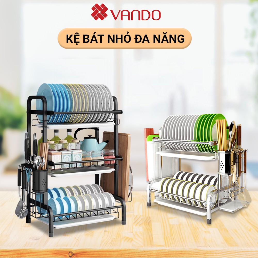 Kệ Để Chén Đĩa Inox 304 và Thép Carbon Sơn Đen VANDO Giá Bát Nhỏ Có Khay Hứng Nước