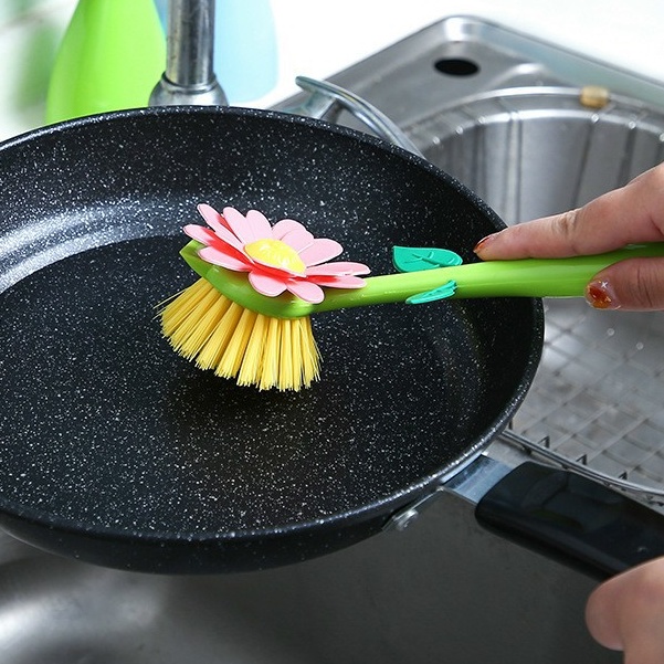 Dụng cụ Bếp, Bàn chải INOX rửa chén, đĩa, xoong, nồi, chảo đa năng- cọ rửa nhà bếp thông minh có tay cầm hình bông hoa