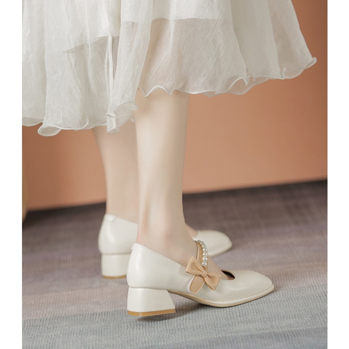 Giày Búp Bê Nữ Đế Cao 3 Phân Bít Mũi Mũi Vuông Đính Nơ Quai Ngang