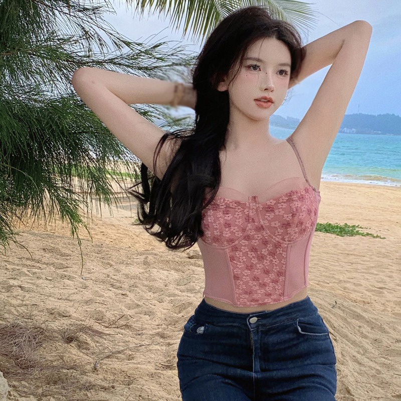 Áo Hai Dây Croptop Phối Ren Màu Sắc Ngọt Ngào Có Đệm Ngực Phong Cách Hàn Quốc Thời Trang Mùa Hè Cho Nữ