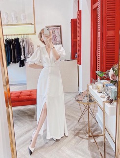 ĐẦM MAXI TRẮNG NÚT BỌC XẺ TÀ (KÈM HÌNH THẬT)