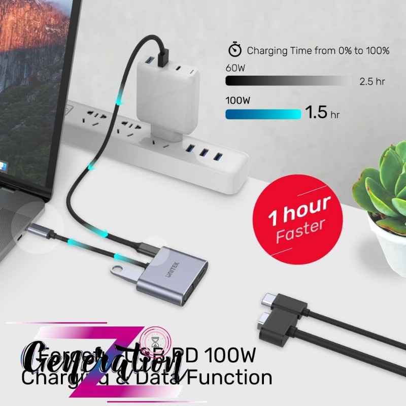 CÁP CHUYỂN TYPE-C RA USB 3.0 + HDMI + VGA KÈM NGUỒN PD 100W UNITEK D1049A