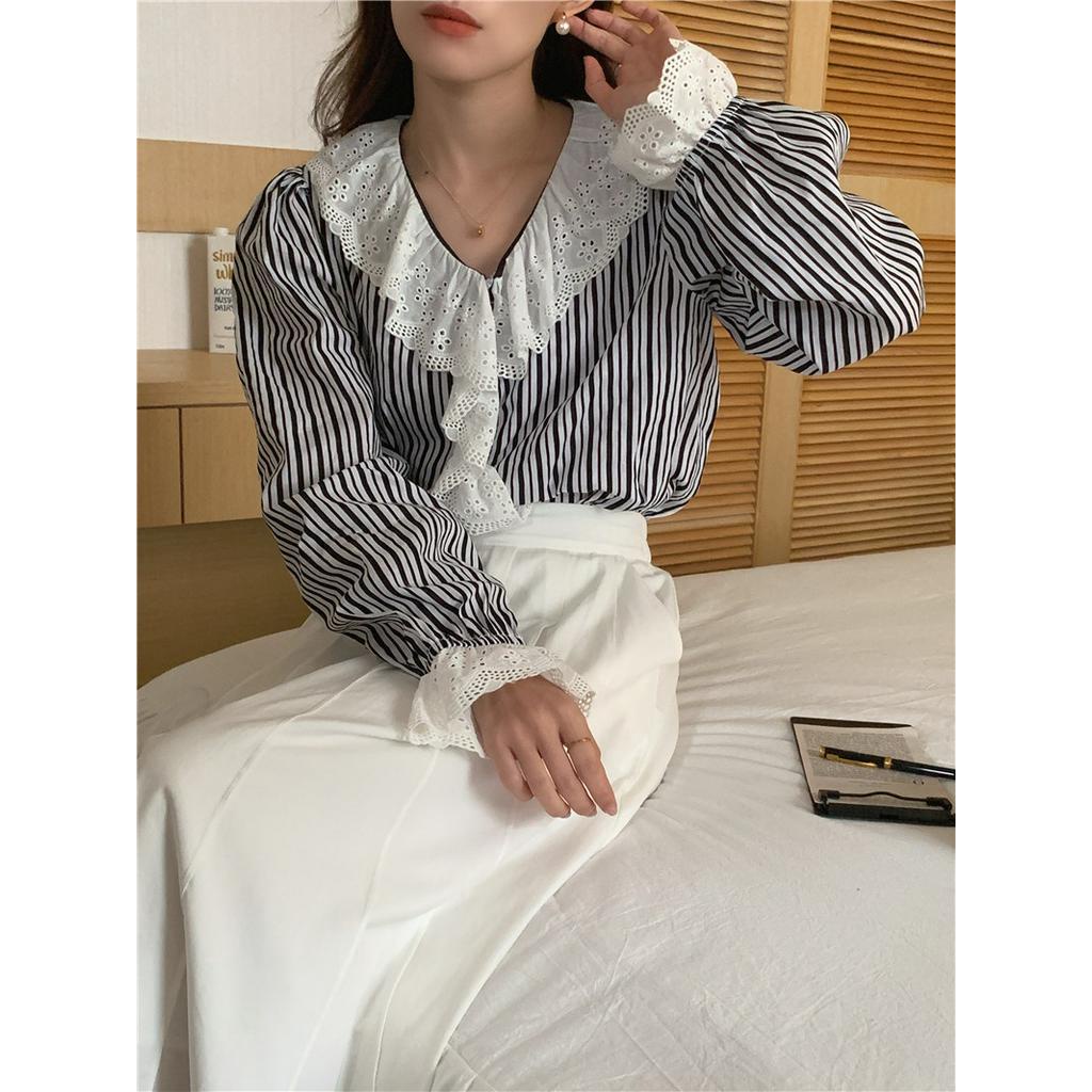61074 Áo Sơ Mi Dài Tay Sọc Ren Khâu