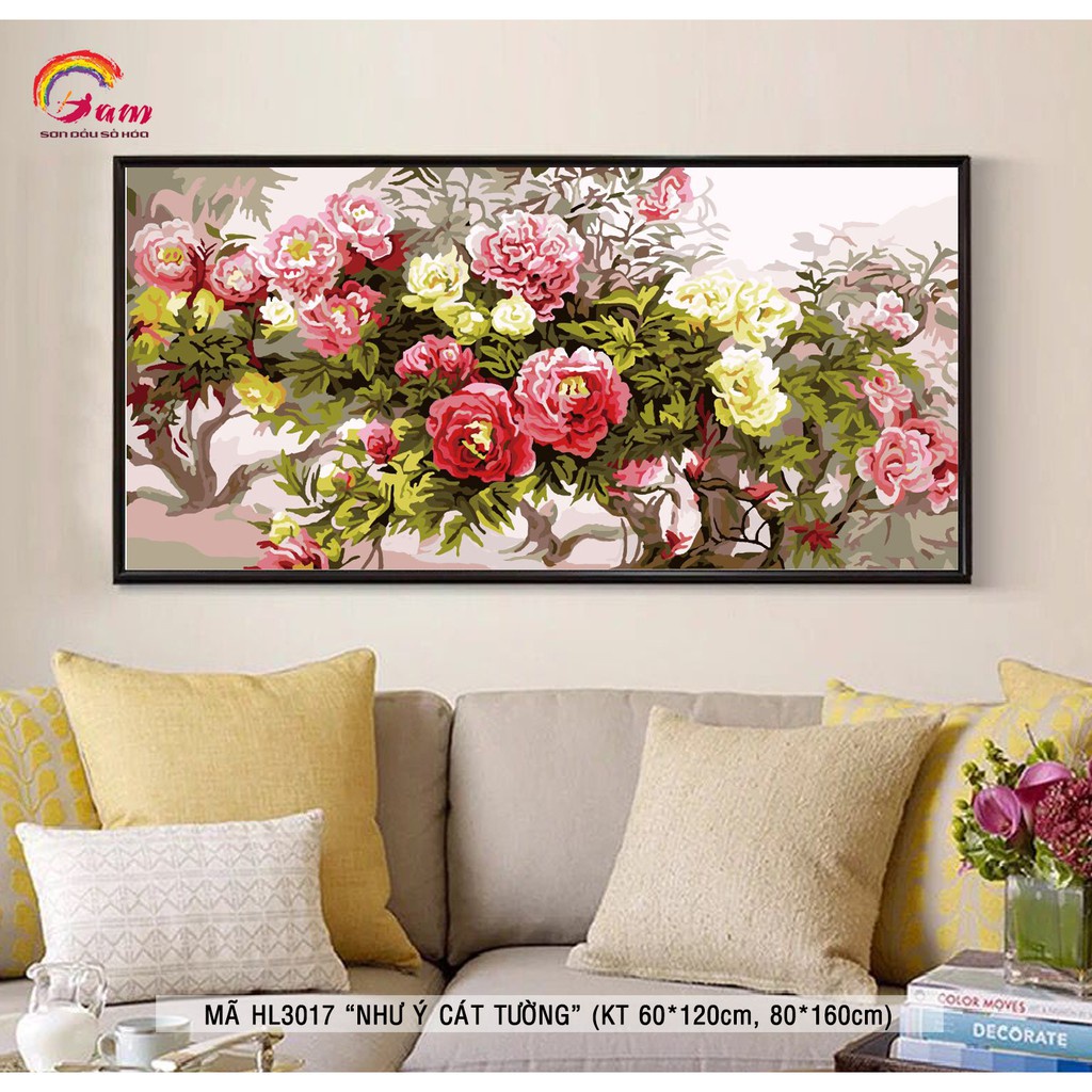 Tranh sơn dầu số hoá tự tô màu hoa mẫu đơn HL3017 chưa căng khung