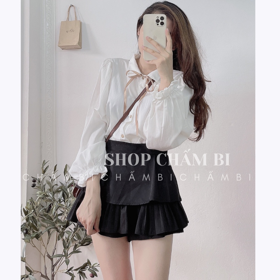 Áo Sơ Mi Tay Bồng Cô Thắt Nơ Siêu Xinh - A.079