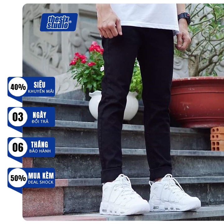 Quần jean đen nam trơn và rách gối Quần jean nam slimfit Jean co giãn cao cấp Thesix