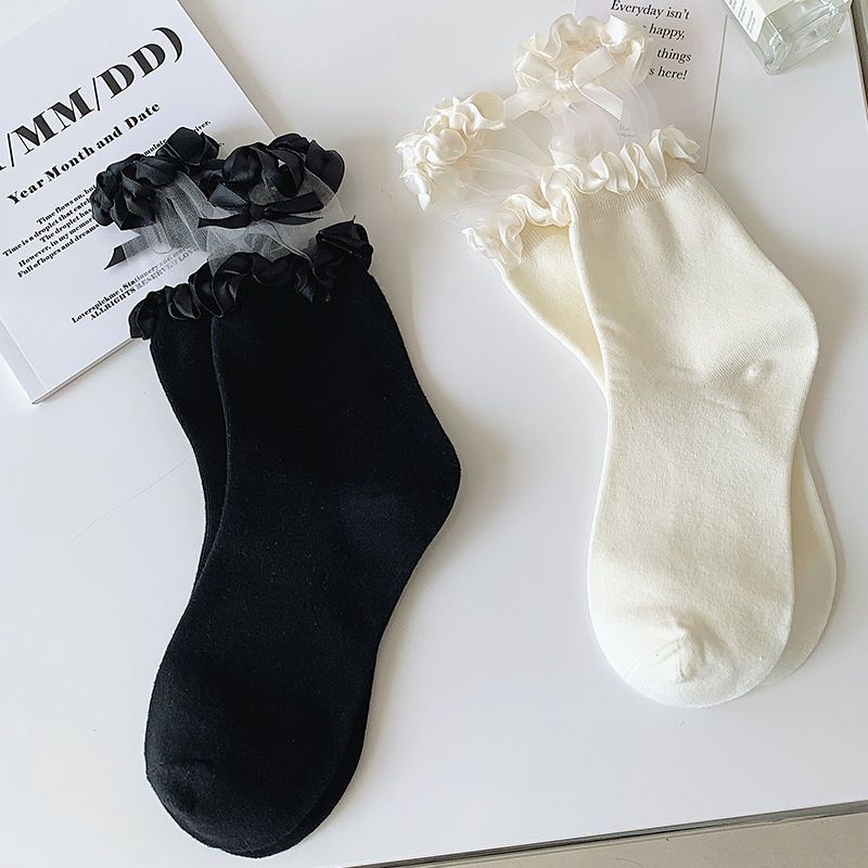 Set 3 Đôi Vớ Ống Lửng Bằng Da Phối Ren Mỏng Màu Đen Đính Nơ Thời Trang Mùa Hè Cho Nữ