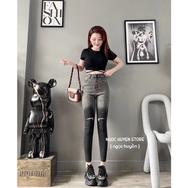 Quần Jeans Nữ Lưng Cao Ôm Body Túi Sau loang đen xanh