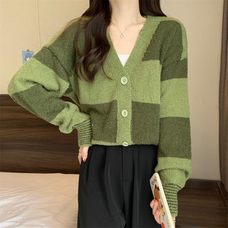 Áo Khoác Len Cardigan Mềm Mại Dáng Rộng Họa Tiết Kẻ Sọc Thời Trang Mùa Thu Cho Nữ