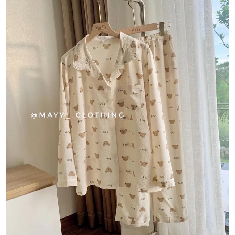 Bộ pijama mặc nhà hoạ tiết hình dễ thương chất đũi xốp áo dài quần dài thu đông
