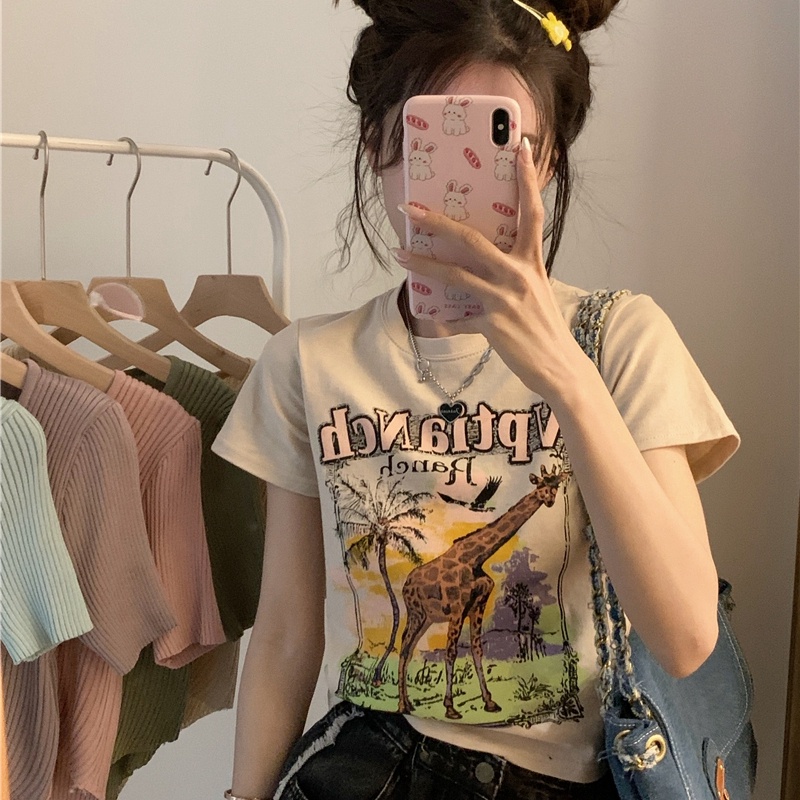 SUXI Áo Thun Tay Ngắn Cổ Tròn Dáng Ôm In Họa Tiết Vintage Thời Trang Mùa Hè Cho Nữ