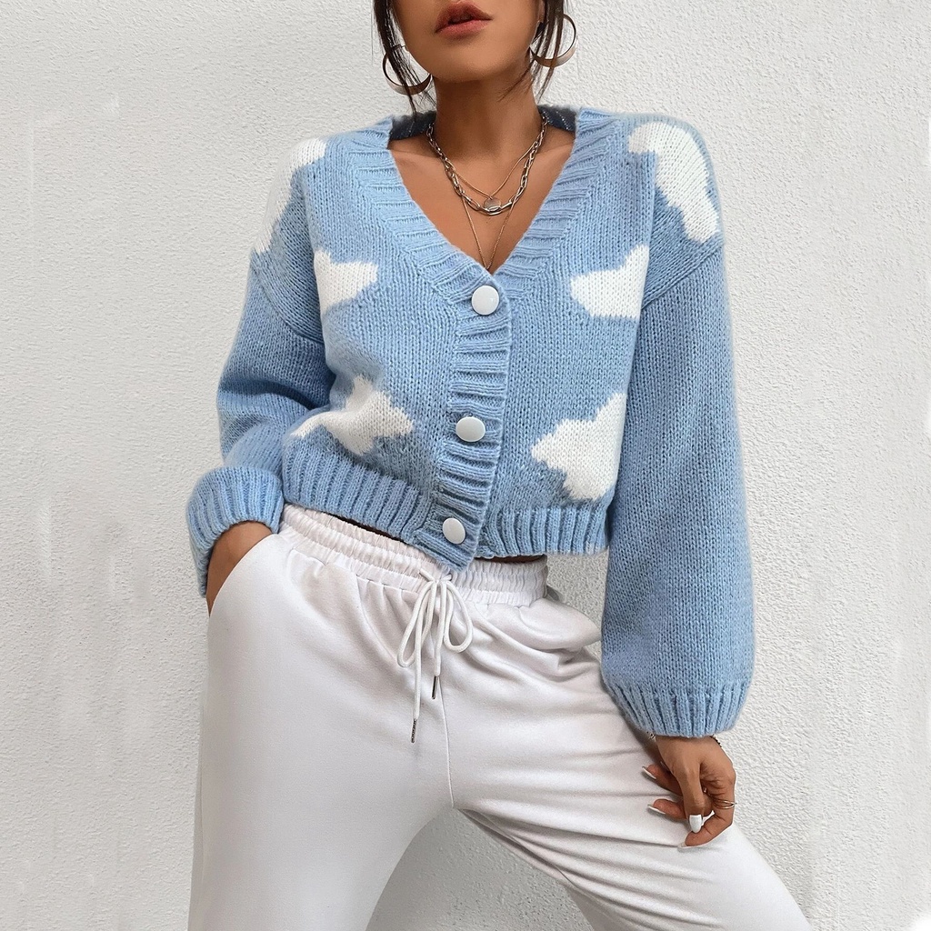 Hàng Sẵn_ Áo khoác len cổ V dáng ngắn màu xanh da trời