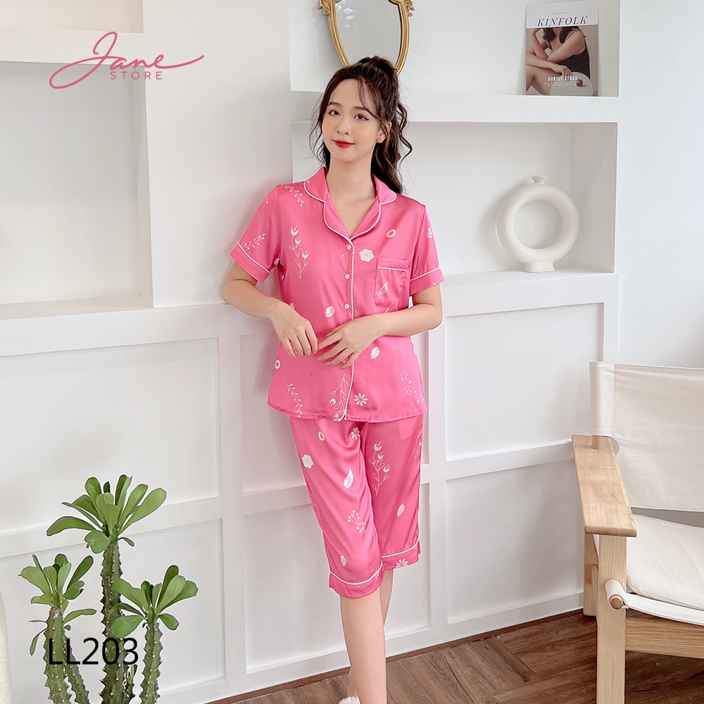 Đồ bộ nữ mặc nhà Pijama Lụa Pháp mềm mát mùa hè Đồ ngủ thiết kế tay cộc quần lửng họa tiết nhã nhặn Jane mã LL20