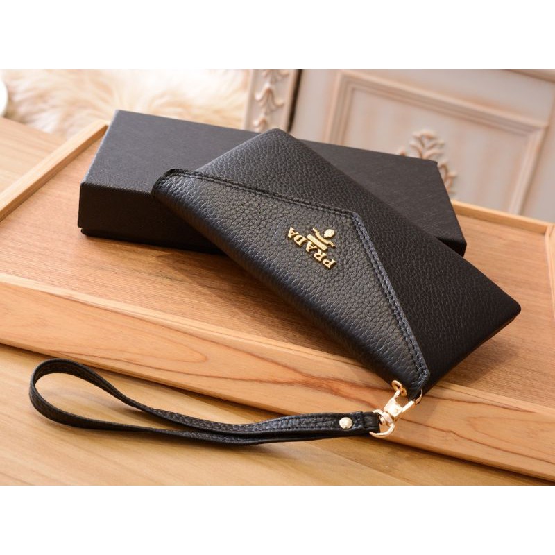 Ví cầm tay nữ da thật dáng dài khóa gập có quai xách tay Prada