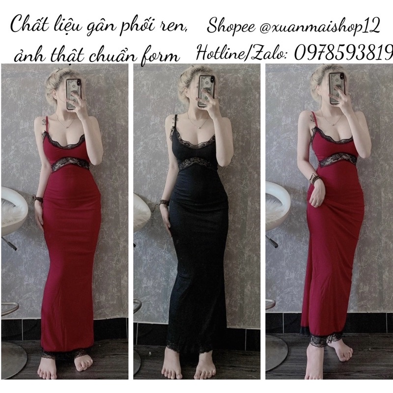 [FREESHIP - ẢNH THẬT] Đầm ôm body nữ hai dây form dài phối ren hai màu đỏ đen siêu xinh