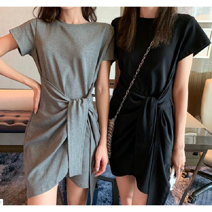 Váy liền cotton buộc nơ eo phong cách Hàn Quốc