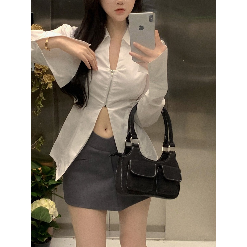 HUANG YOYO Áo Sơ Mi Trắng Tay Dài Cổ Chữ v Khóa Kéo Thời Trang Hàn Quốc Cho Nữ