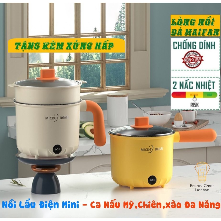 Nồi Lẩu Điện Mini Mickey Bear Energy Green Lighting  LD-184 - Ca Nấu Mì,Chiên,Sào Đa Năng - Lòng Nồi Men Đá Maifan Chống