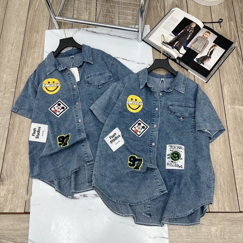 Áo Sơ Mi Jean Mặt Cười cộc Tay L1
