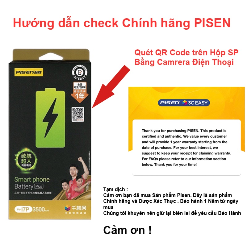 Pin IPhone PISEN dung lượng Siêu cao Siêu Trâu Iphone 6 6s 6Plus 6SPlus 7 7Plus 8 8Plus X Chính hãng 3C EASY