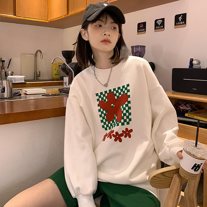 【ZHELIHANGFEI】Áo Thun Nỉ Tay Dài Dáng Rộng In Hoa Phối Họa Tiết Ván Trượt Dễ Phối Đồ