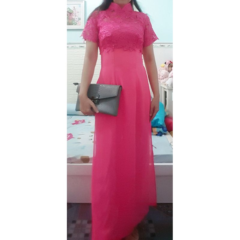 Thanh lý bộ áo dài voan ren hồng eo dưới 70cm