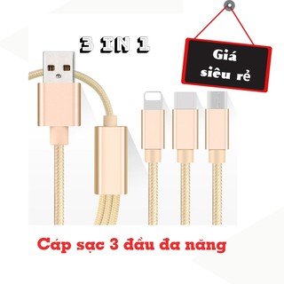 Cáp sạc 3 đầu đa năng 3 in 1 L2 bọc dù Lightning - Micro - Type C Sạc nhanh cho Samsung Oppo Xiaomi iPhone