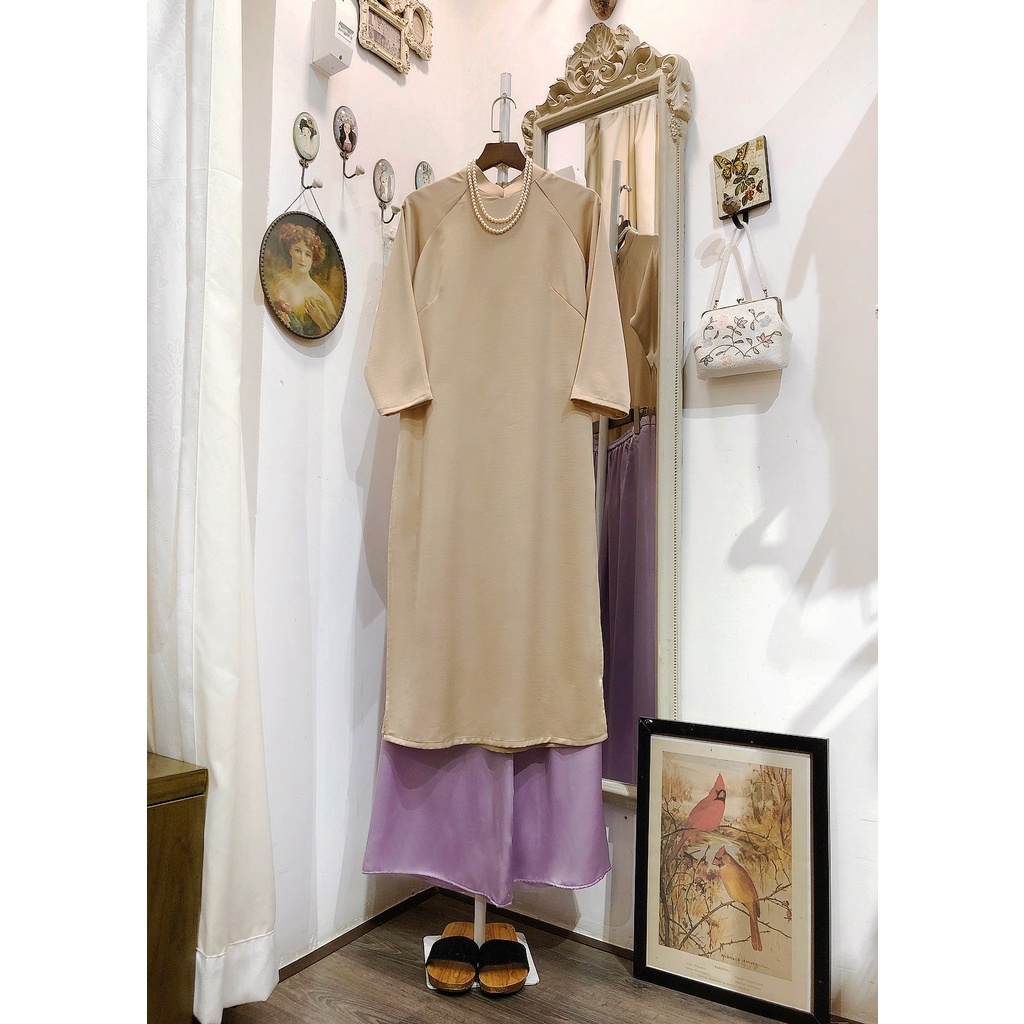 Set Áo dài Rosemary Lụa Tây thi màu Kem nhạt