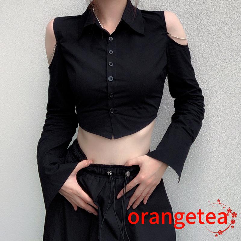 Áo Croptop Trễ Vai Tay Dài Màu Sắc Ngọt Ngào Phối Dây Xích Thời Trang Cho Nữ