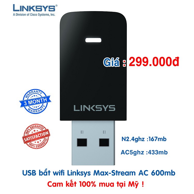 USB bắt Wifi Linksys Max-Stream AC600 Dual-Band MU-MIMOhàng trưng bày US thumbnail