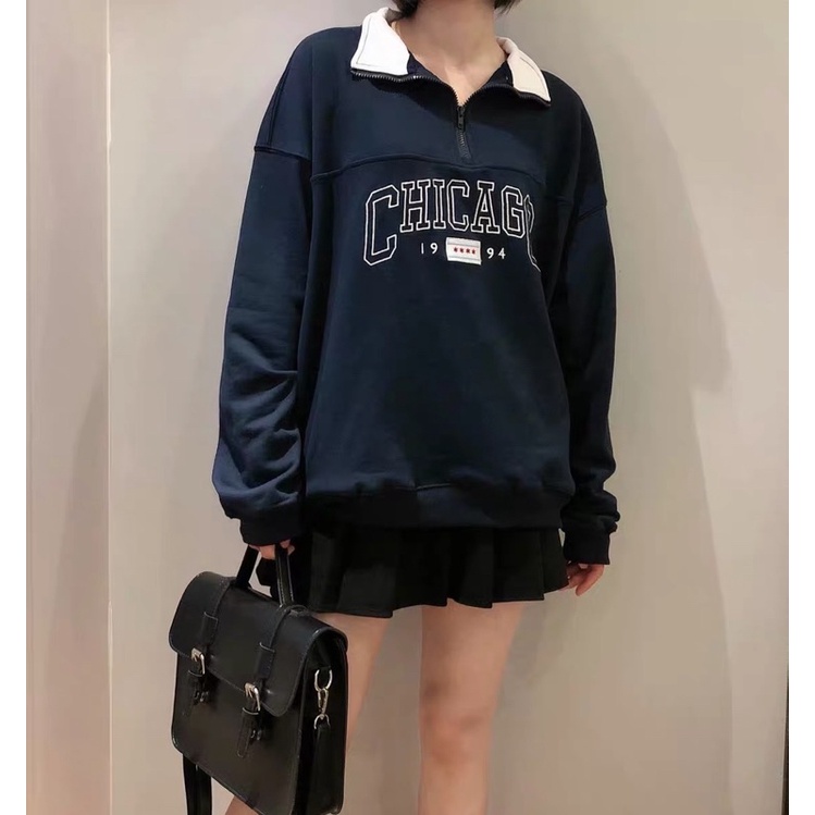 Áo Sweater Nỉ Cổ Khóa CHICAGO 1994 🦋 Áo Thun Nữ Dài Tay Cổ Bẻ Chữ In 🦋