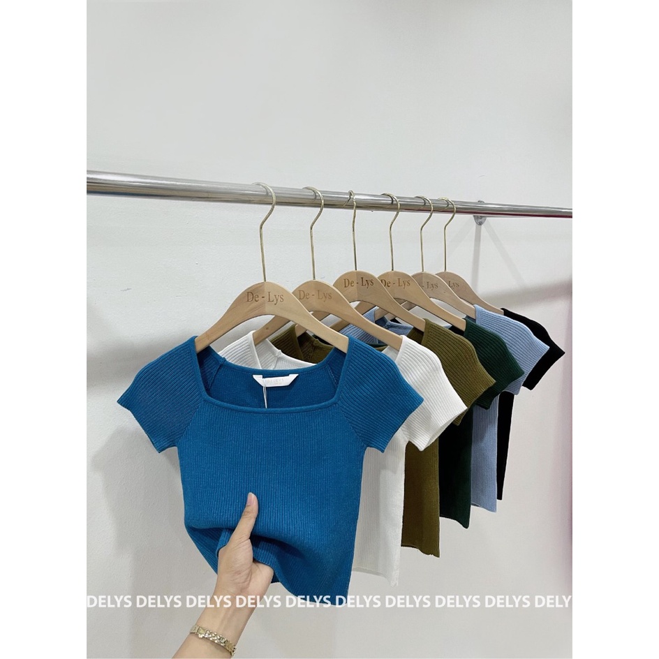 Áo len croptop lửng ngắn tay cổ vuông DeLys áo len lông thỏ 6 màu