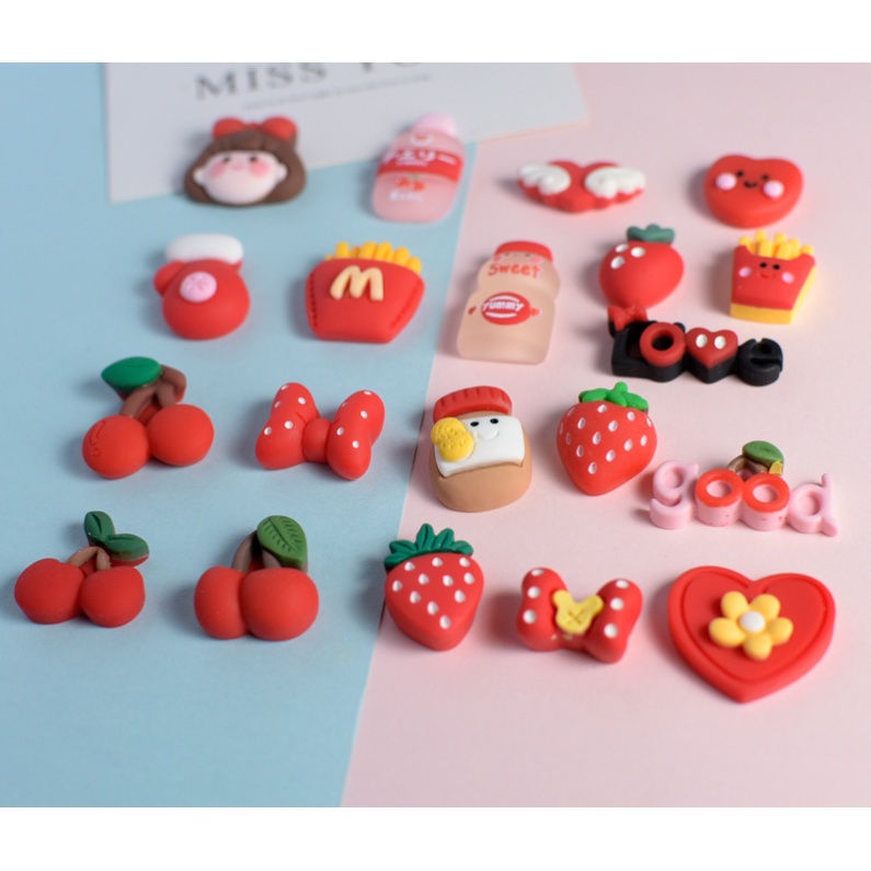 Các mẫu charm tông màu đỏ cho các bạn dán Jibbitz, bình nước, trang trí vỏ ốp điện thoại, kẹp tóc, DIY