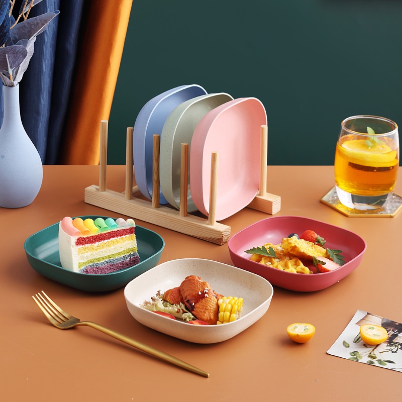 Set 8 khay đĩa vuông đựng thức ăn màu Pastel gồm 2 cỡ chất liệu nhựa lúa mạch