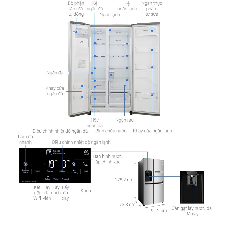 [Mã ELMALL1TR giảm 5% đơn 3TR] Tủ lạnh side by side LG Inverter 601L D247JDS - Bảo hành chính hãng 24 tháng