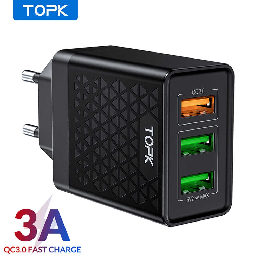 Củ sạc nhanh TOPK 3 cổng 38W QC 3.0 (1 cổng QC 3.0 2 cổng 5v 2.1 A)