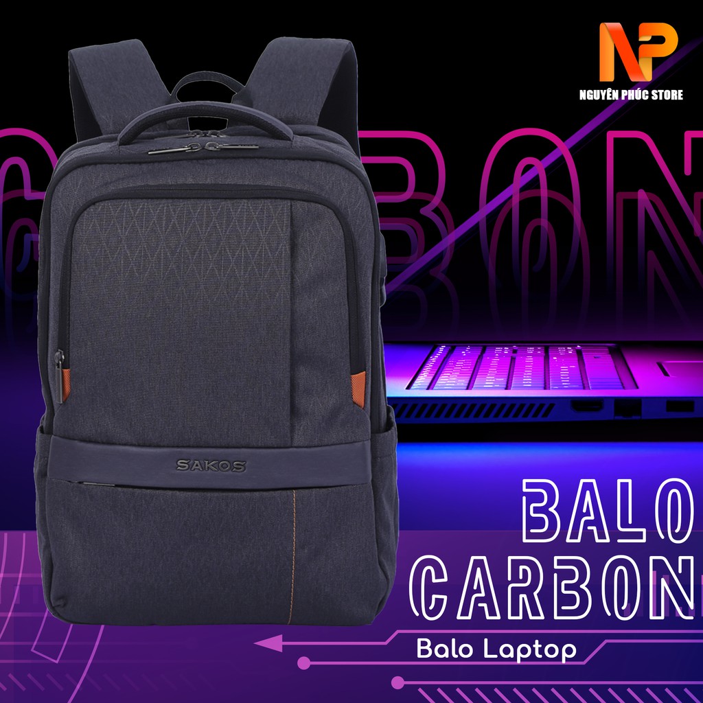 Balo Laptop 15.6 Inch Sakos Carbon,chất liệu chống nước,nhiều ngăn rộng rãi,tích hợp cổng sạc USB