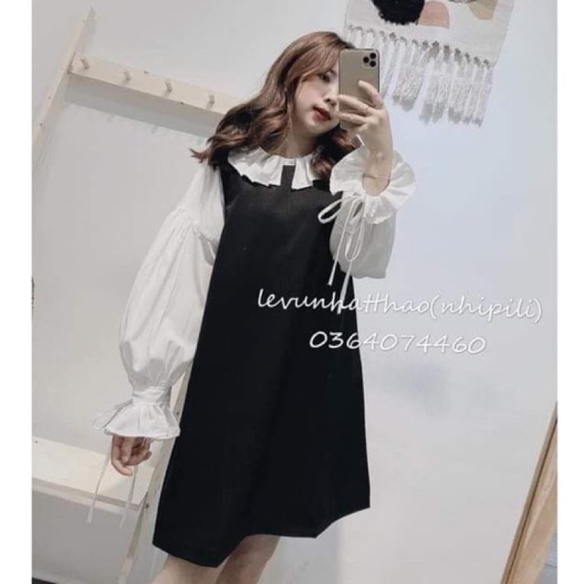 🌸 Bộ đầm dáng suông kèm áo kiểu bánh bèo tiểu thư màu trắng đen basic Ulzzang HOT 🌸