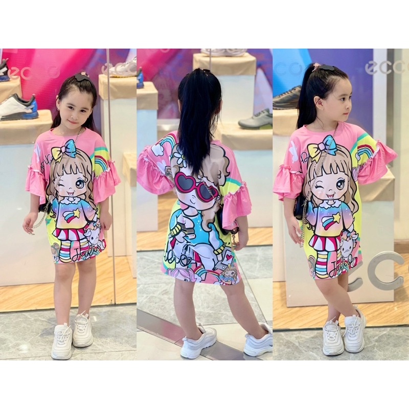 Đầm suông thun lạnh in 3D size đại cho bé gái từ 24 đến 40kg - Đầm váy bé gái