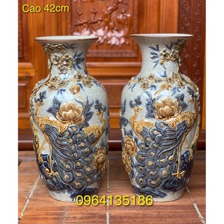 Đôi lọ lục bình thờ men rạn đắp công đào nổi h42cm gốm sứ Bát Tràng