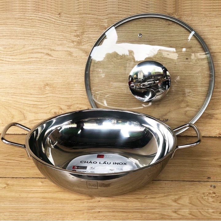 Chảo lẩu xào sâu lòng 3 đáy inox 430 Fivestar 24cm / 26cm / 28cm / 32cm Đáy Từ Nắp Kính