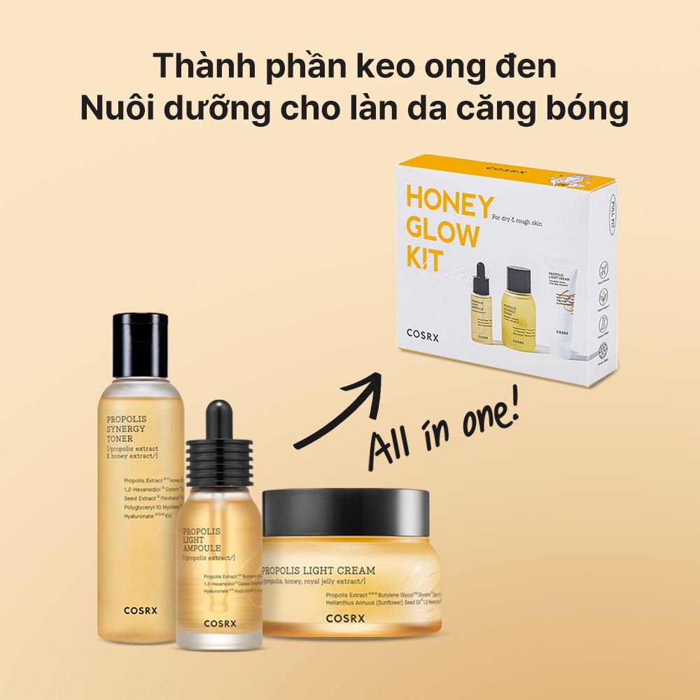 Set dưỡng da keo ong COSRX gồm toner 30ml + tinh chất 10ml + kem dưỡng 15ml