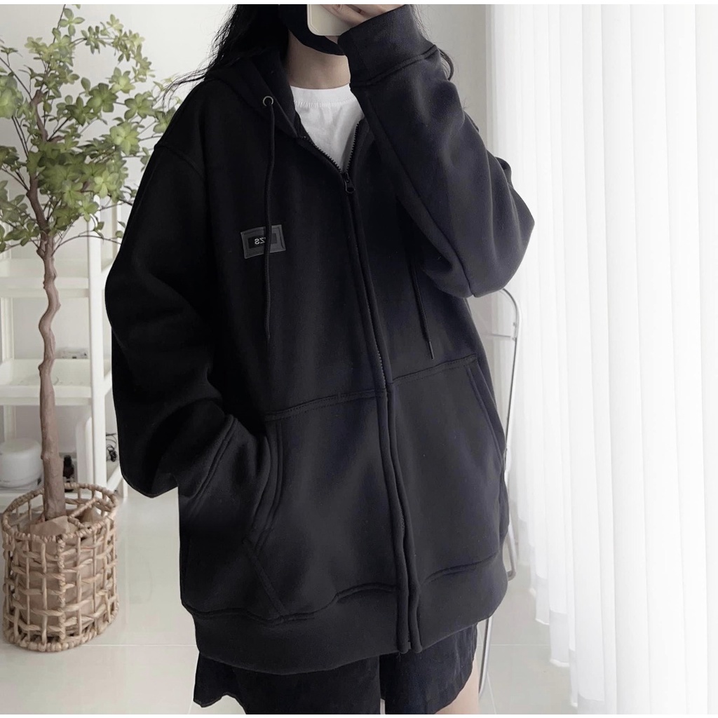 Áo khoác hoodie nỉ dây kéo TEM SU WZS màu đen vải nỉ lót bông form rộng unisex nam nữ khoác ngoài form rộng